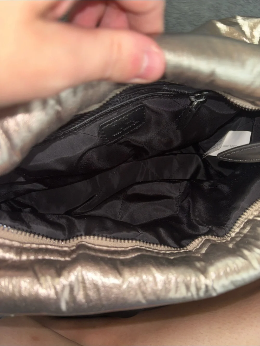 ZARA Metallic Bronze Puffy Crossbody Bag with Black Strap